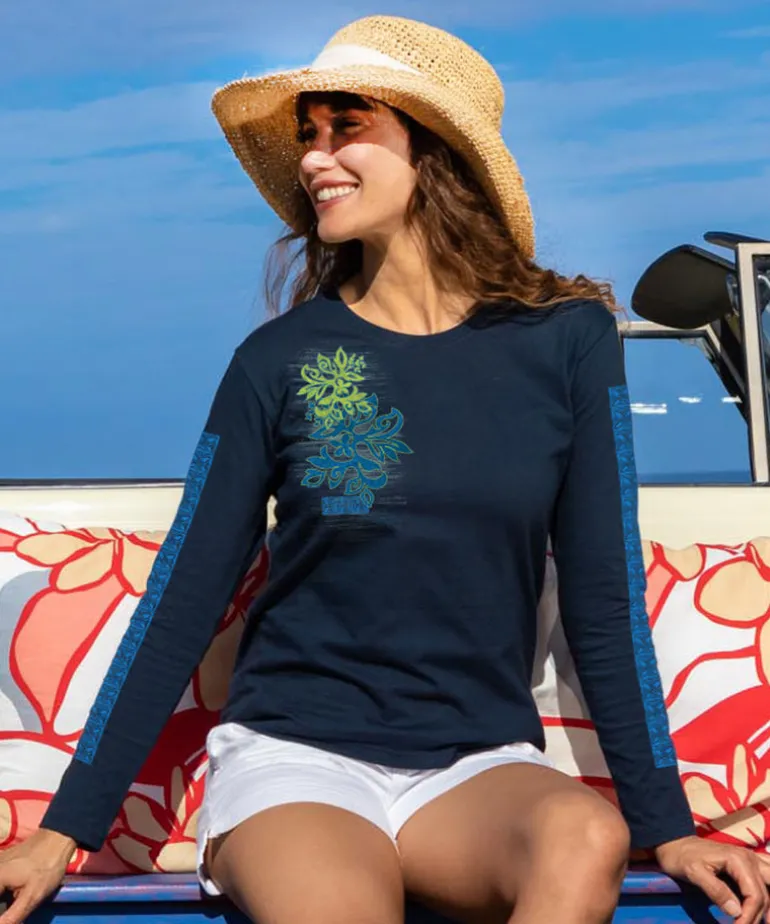 Hinatea Cascade - Navy Long Sleeve Crewneck T-Shirt