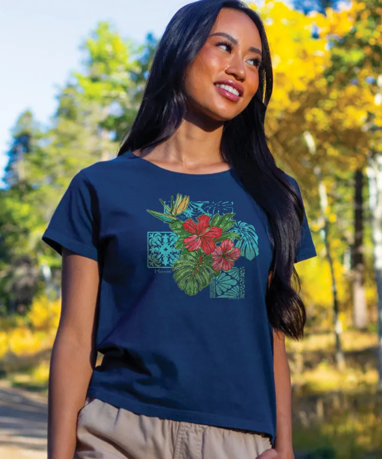 Pua Nani Montage - Navy Short Sleeve Scoop Neck T-Shirt