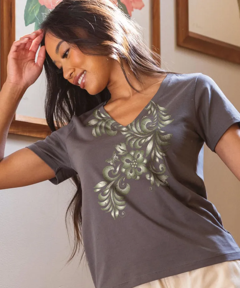 Teihani - Graphite Short Sleeve Pima V-Neck T-Shirt