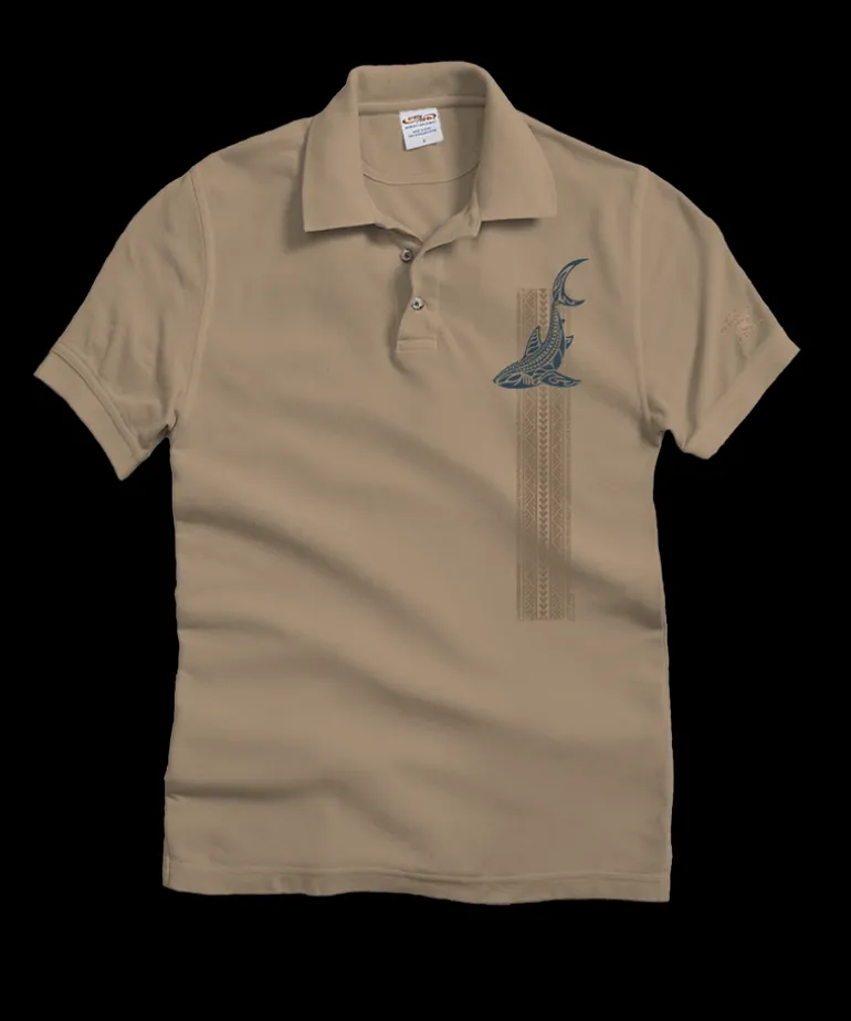 Vertical Tribal Shark - Kona Coffee Dyed Short Sleeve Oceanfront Polo Shirt