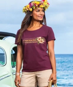 Banded Hibiscus - Fig Dyed Short Sleeve Scoop Neck T-Shirt