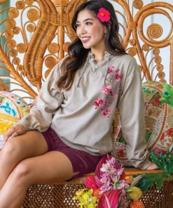 Bougainvillea Vines - Kona Coffee Dyed Long Sleeve Lightweight Pullover