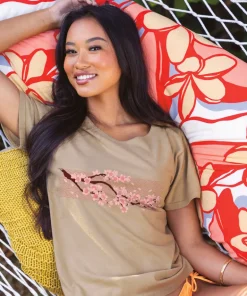 Cherry Blossom Branch - Kona Coffee Dyed Short Sleeve Scoop Neck T-Shirt