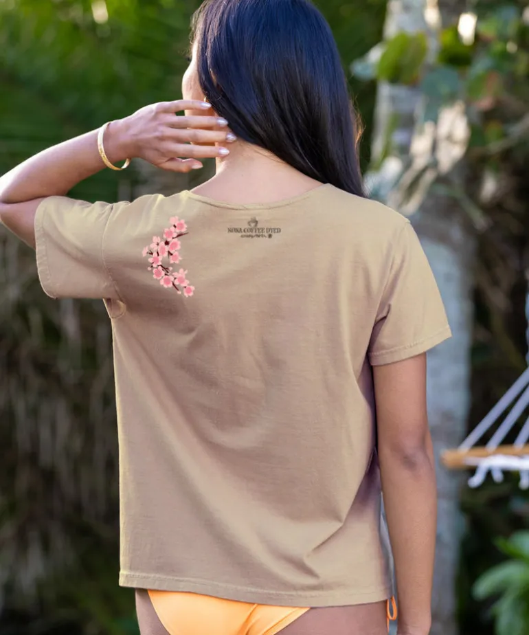 Cherry Blossom Branch - Kona Coffee Dyed Short Sleeve Scoop Neck T-Shirt