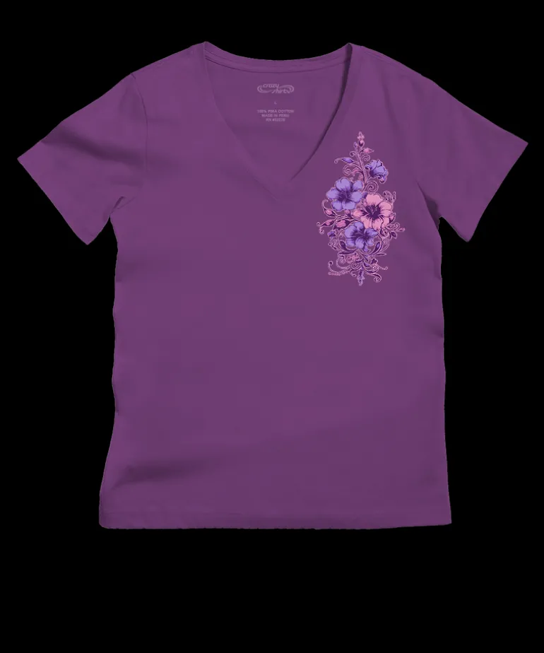 Floral Flourish - Violet Short Sleeve Pima V-Neck T-Shirt