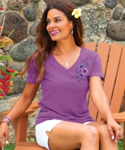 Floral Flourish - Violet Short Sleeve Pima V-Neck T-Shirt