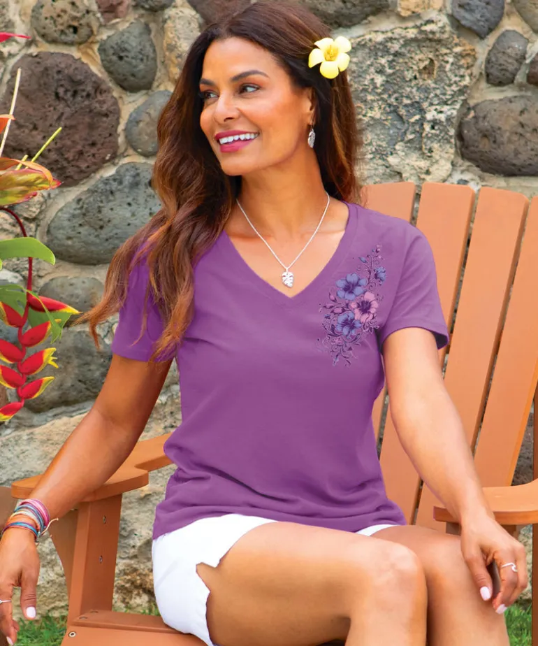 Floral Flourish - Violet Short Sleeve Pima V-Neck T-Shirt