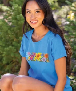 Floral Sunflower Band - Blue Hawaii Dyed Short Sleeve Scoop Neck T-Shirt