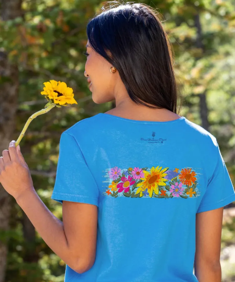 Floral Sunflower Band - Blue Hawaii Dyed Short Sleeve Scoop Neck T-Shirt