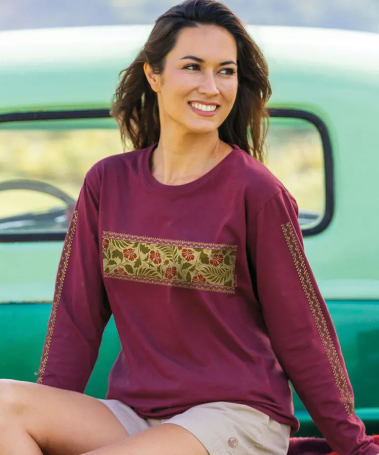 Hibiscus Brocade Band - Wine Dyed Long Sleeve Crewneck T-Shirt