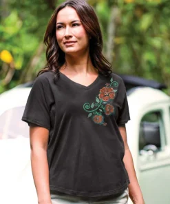 Hibiscus Floral - Charcoal Short Sleeve Dolman V-Neck Tee