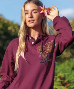 Hibiscus Floral Cascade - Wine Dyed Long Sleeve Lightweight Pullover