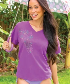 Honu Floral Sketch - Violet Short Sleeve Dolman V-Neck Tee