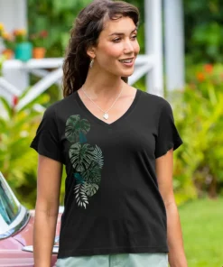 Misty Monstera - Jet Black Short Sleeve Pima V-Neck T-Shirt