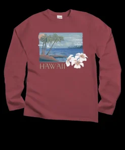 Palm Hibiscus - Paradise Red Dyed Long Sleeve Crewneck T-Shirt