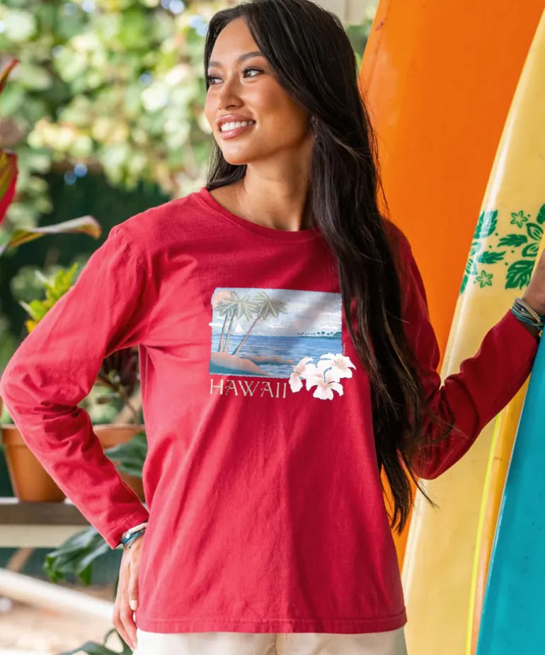 Palm Hibiscus - Paradise Red Dyed Long Sleeve Crewneck T-Shirt