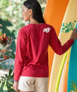Palm Hibiscus - Paradise Red Dyed Long Sleeve Crewneck T-Shirt