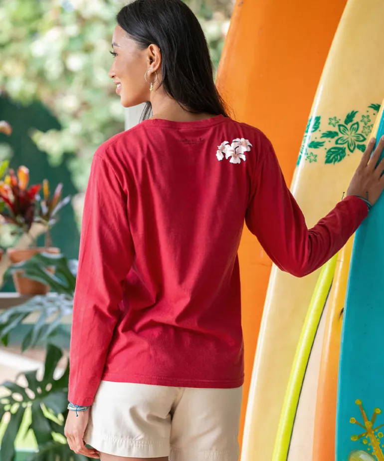Palm Hibiscus - Paradise Red Dyed Long Sleeve Crewneck T-Shirt