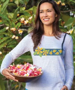 Plumeria Quilt Band - White Gray Heather Long Sleeve Harmony Hooded T