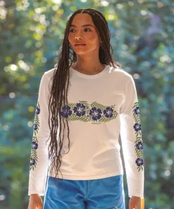 Retro Hibiscus - White Long Sleeve Crewneck T-Shirt