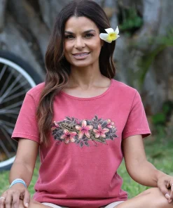 Sketchy Plumeria - Paradise Red Dyed Short Sleeve Scoop Neck T-Shirt