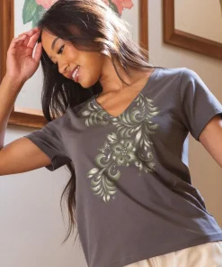 Teihani - Graphite Short Sleeve Pima V-Neck T-Shirt