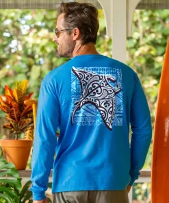 Tribal Manta Block - Blue Hawaii Dyed Long Sleeve Crewneck T-Shirt