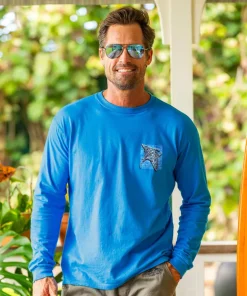 Tribal Manta Block - Blue Hawaii Dyed Long Sleeve Crewneck T-Shirt