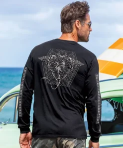 Tribal Manta Shark - Black Long Sleeve Crewneck T-Shirt