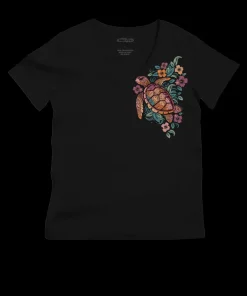 Tropical Floral Turtle - Jet Black Short Sleeve Pima V-Neck T-Shirt