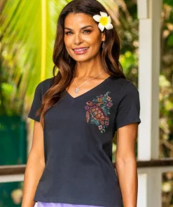 Tropical Floral Turtle - Jet Black Short Sleeve Pima V-Neck T-Shirt