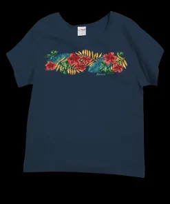 Tropical Leaves Band - Navy Short Sleeve Scoop Neck T-Shirt
