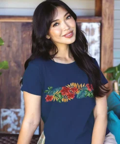 Tropical Leaves Band - Navy Short Sleeve Scoop Neck T-Shirt
