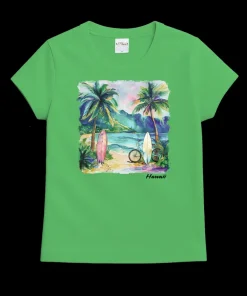 Tropical Watercolor Beach - Green Apple Dyed Short Sleeve Crewneck T-Shirt