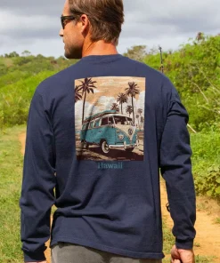 Volkswagen Vintage Beach Bus - Navy Long Sleeve Crewneck T-Shirt