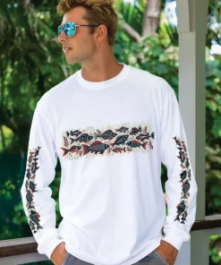 Woodcut Fish Band - White Long Sleeve Crewneck T-Shirt