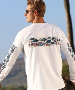 Woodcut Fish Band - White Long Sleeve Crewneck T-Shirt